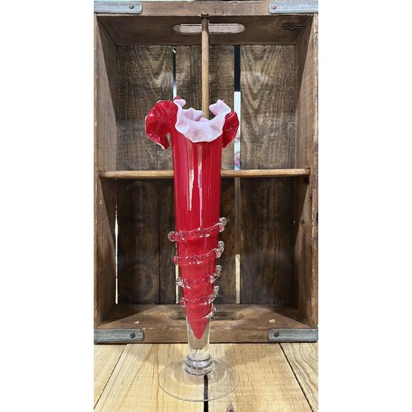 Vintage Red White Ruffled Glass Vase Murano Style Rigaree Ruffle Rim 11.5 Inches